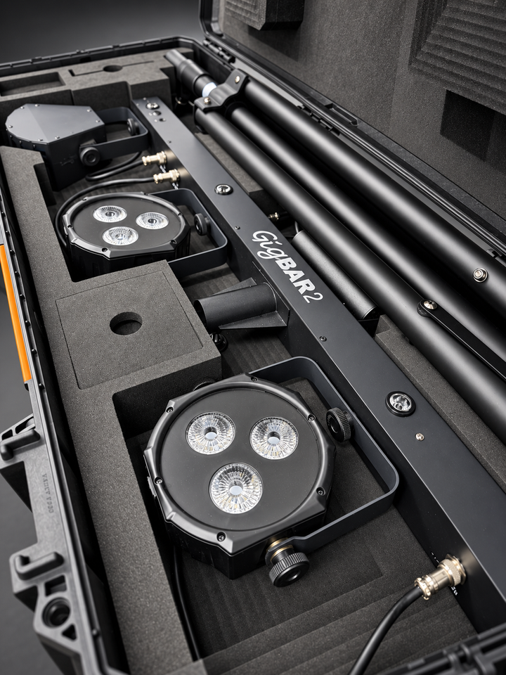 Close-up of precision-cut protective foam securing GigBAR 2 lighting components inside a Pelican Vault V800 case